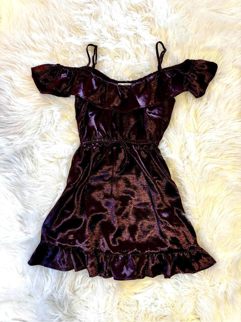Jack by BB Dakota Burgundy Satin Off Shoulder Ruffle Mini Dress XS - Picture 2 of 14